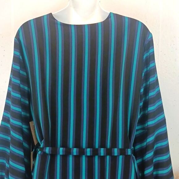 ISAAC MIZRANI Teal / black stripped long-sleeve V-neck Boho wrap midi dress L - Picture 11 of 14